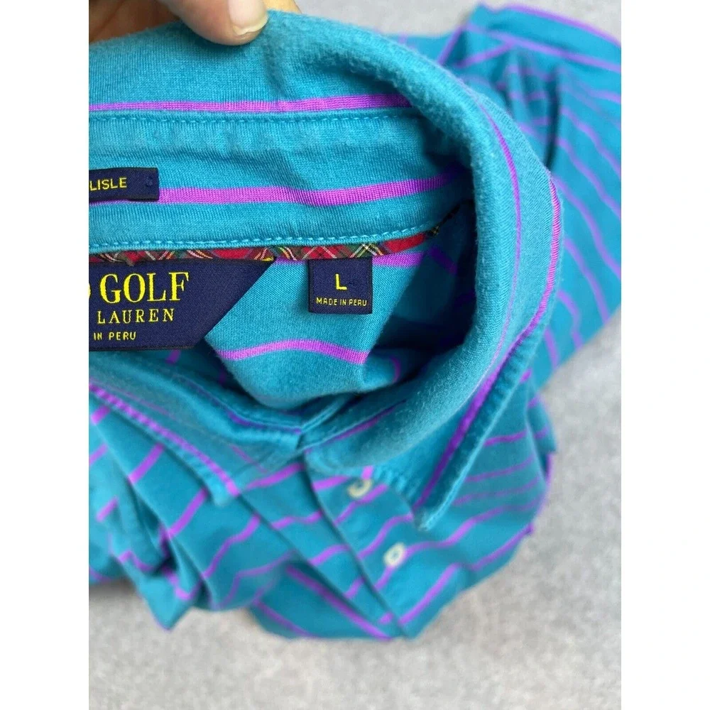 Polo Golf‎ Ralph Lauren Vintage Lisle Shirt Men's L Blue Striped Short Sleeve